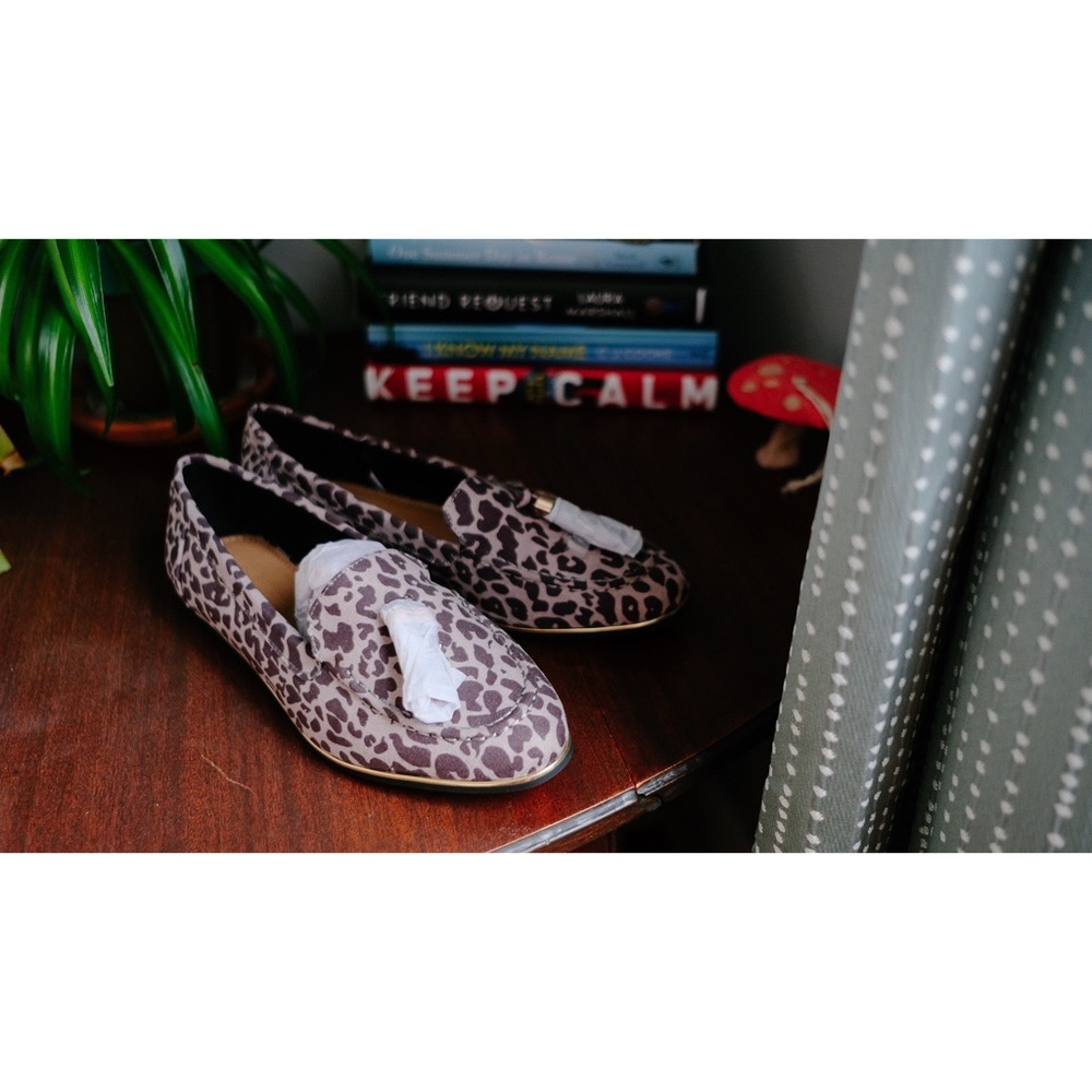 Gray leopard loafers with tassel